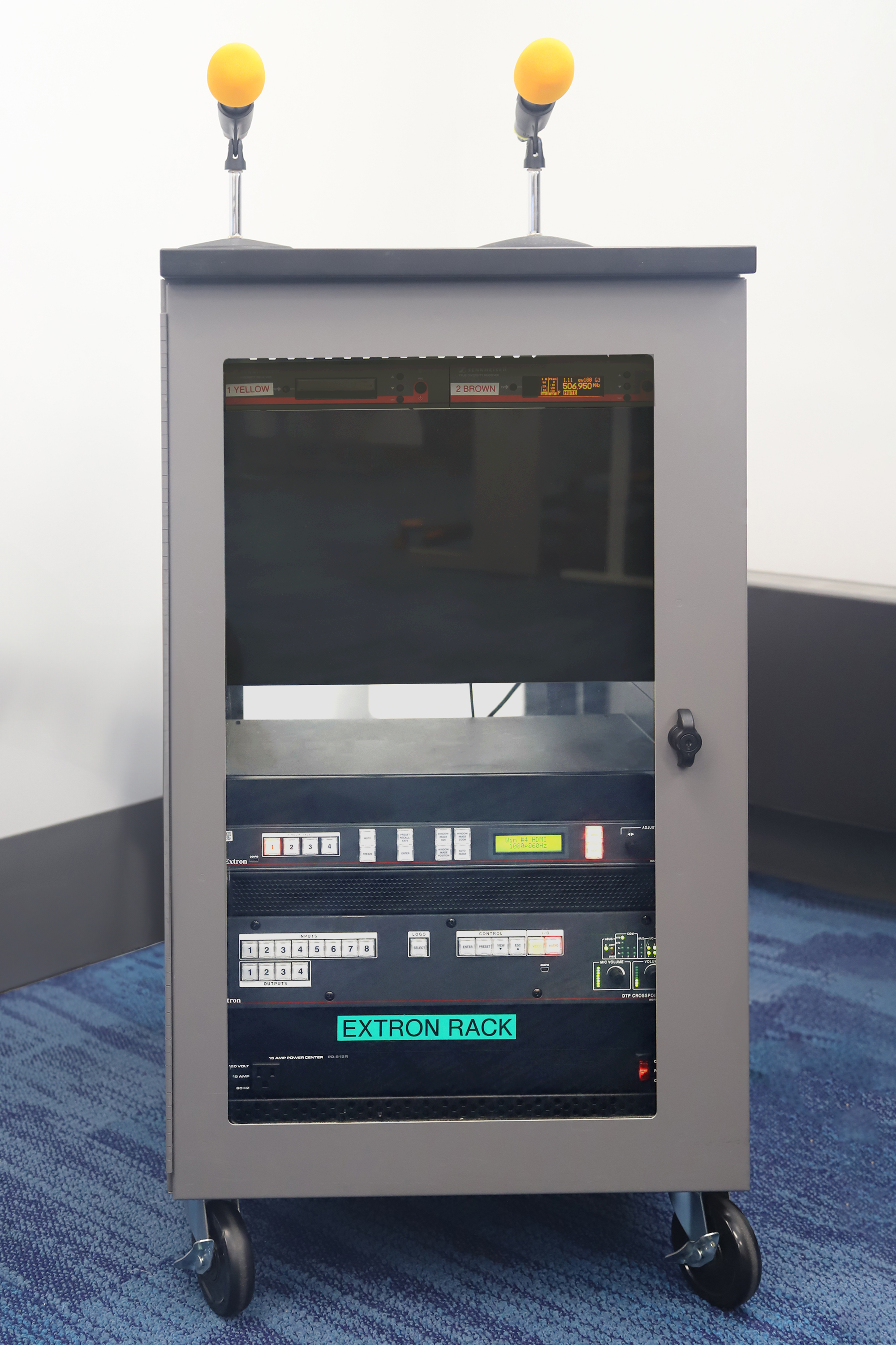 At the heart of the system is an 8x4 Extron matrix switcher featuring HDMI and DTP® twisted pair inputs and outputs, 4K scaling, audio DSP with acoustic echo cancellation (AEC), an integrated audio power amplifier, and a built-in IPCP Pro xi control processor.