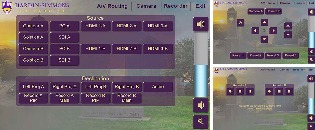 Wandmontierte TLP Pro 1025M-Touchpanels an beiden Seiten des Raumes steuern die AV-Funktionen (Foto mit freundlicher Genehmigung von Elite Solutions, Inc.). AV-Signalweiterleitung (links), Steuerung der PTZ-Kamera (oben rechts), Steuerung des Rekorders (unten rechts).