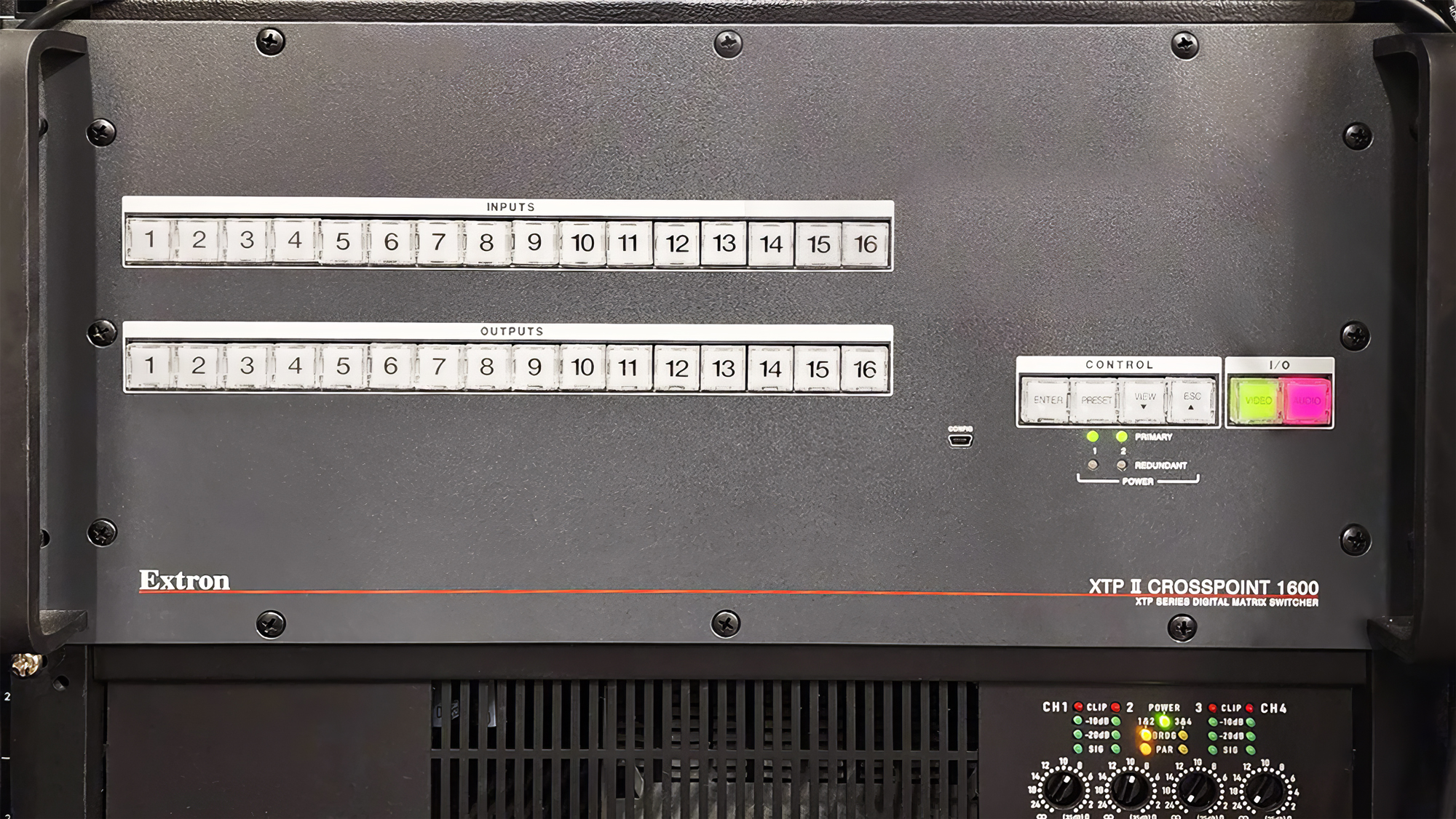 An Extron XTP II CrossPoint modular matrix switcher enables switching and distribution for AV and RS-232 control signals throughout the arena and its auxiliary locations.