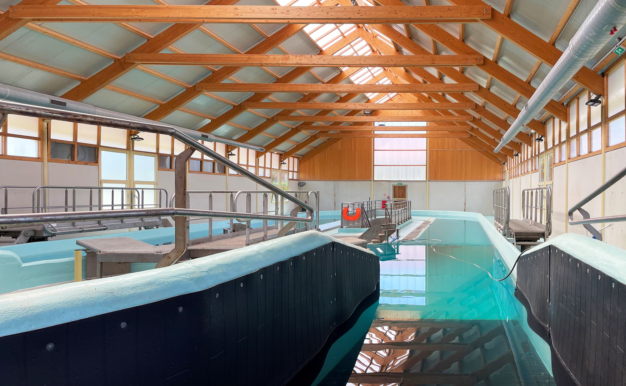 An equine water therapy and rehabilitation pool supports recovery and diagnostics, with AV integration for monitoring and instructional purposes.  