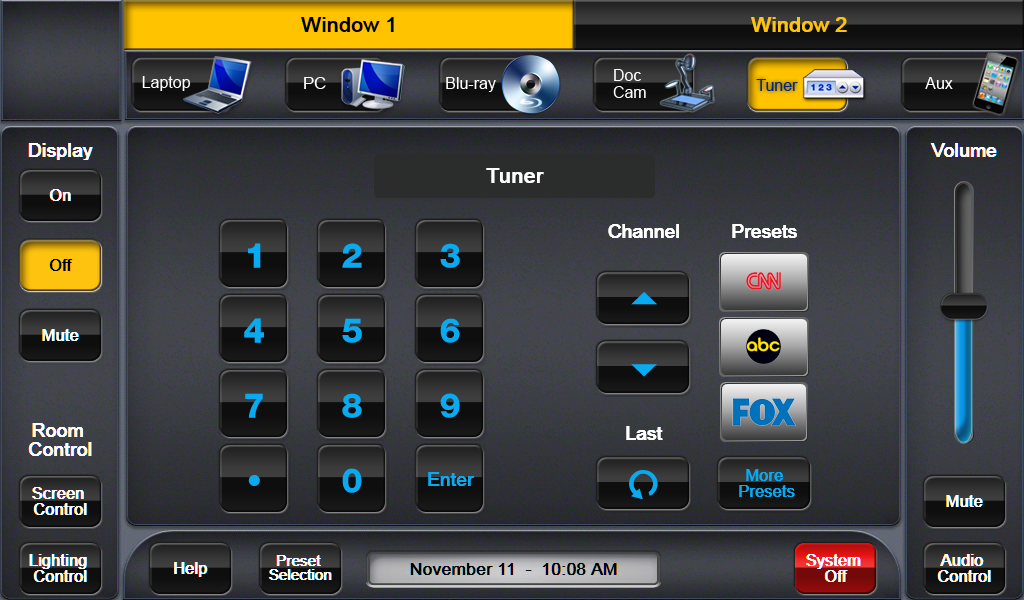 Gui template multi-window screen with channel buttons