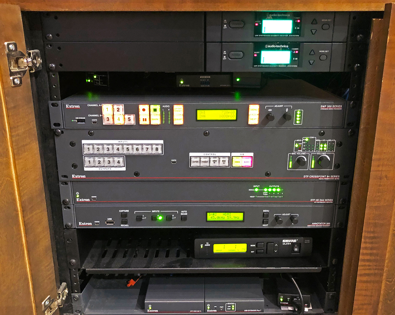 AV Operator desk equipment bay showing some of the Extron components. Top to bottom: SMP 351, DTP CrossPoint 84 4K, DTP HD DA4 4K, Annotator 300. DTP HDMI 4K 230 Tx and USB Extender Plus T are at very bottom.