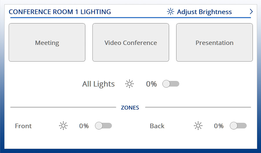 Interfaz de usuario de la iluminación de la sala de conferencias con todas las luces apagadas