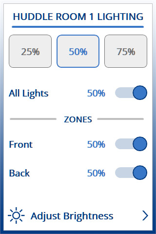 Imagen en miniatura de la interfaz de usuario de la sala de reuniones informales a un nivel de iluminación del 50%