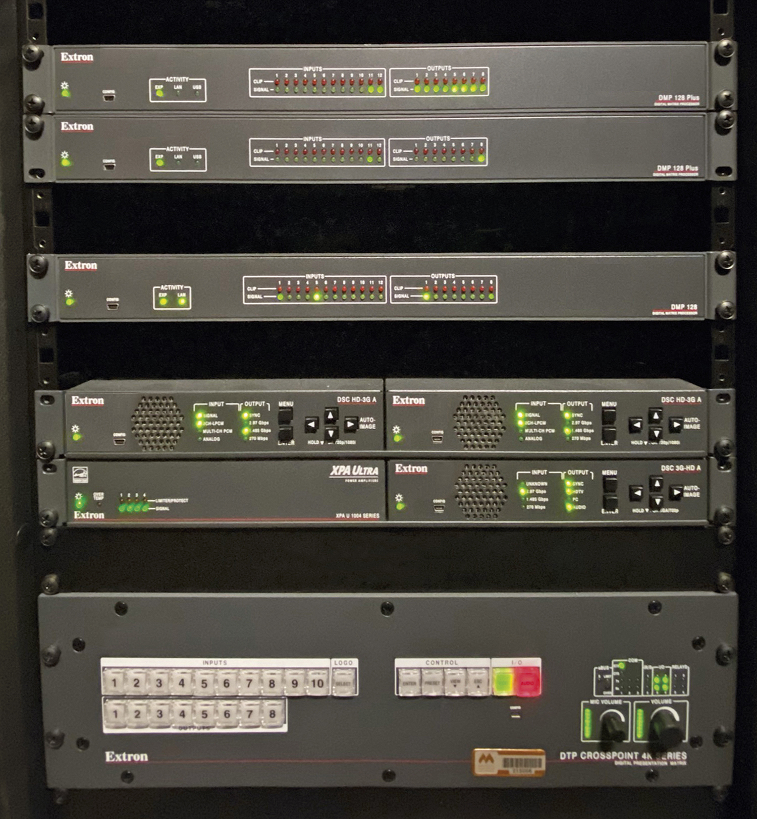 To support televised broadcasts, Extron DSC HD-3G A and DSC 3G-HD A scalers convert signal formats between HDMI and 3G-SDI. These scalers also handle audio embedding and de-embedding - interior