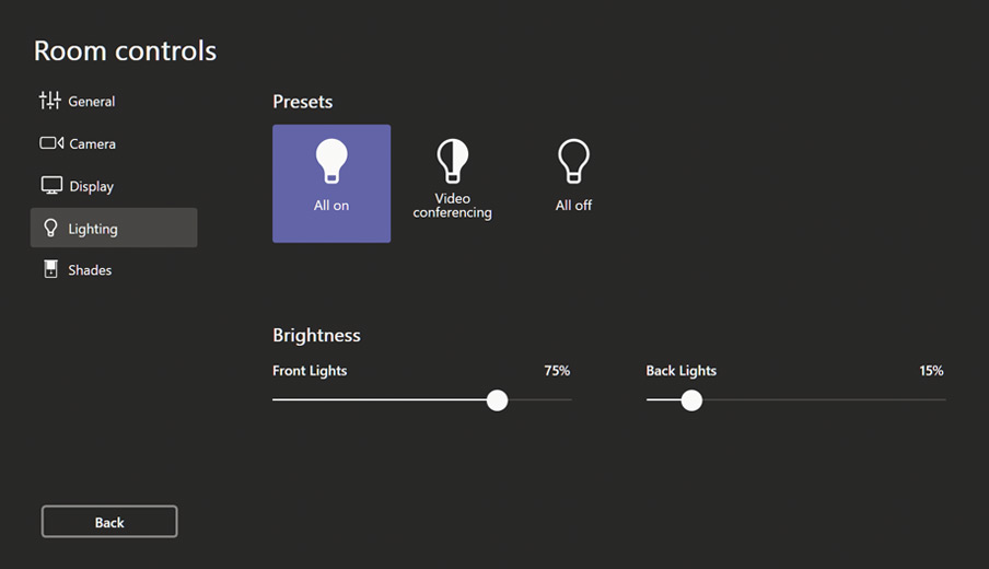 Interfaccia utente che mostra i controlli dell'illuminazione
