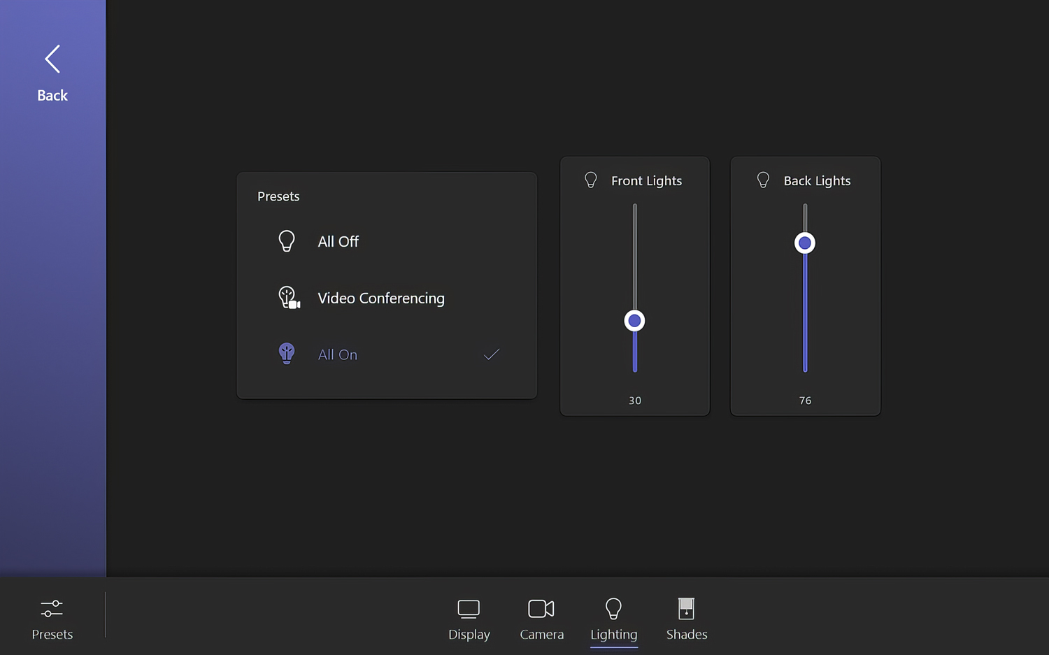 User interface showing lighting controls