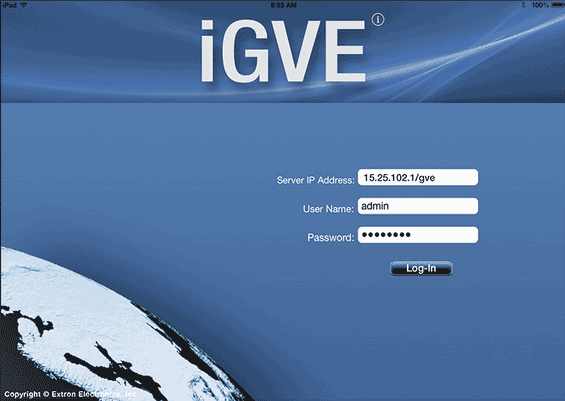 Log-In page of Extron iGVE app