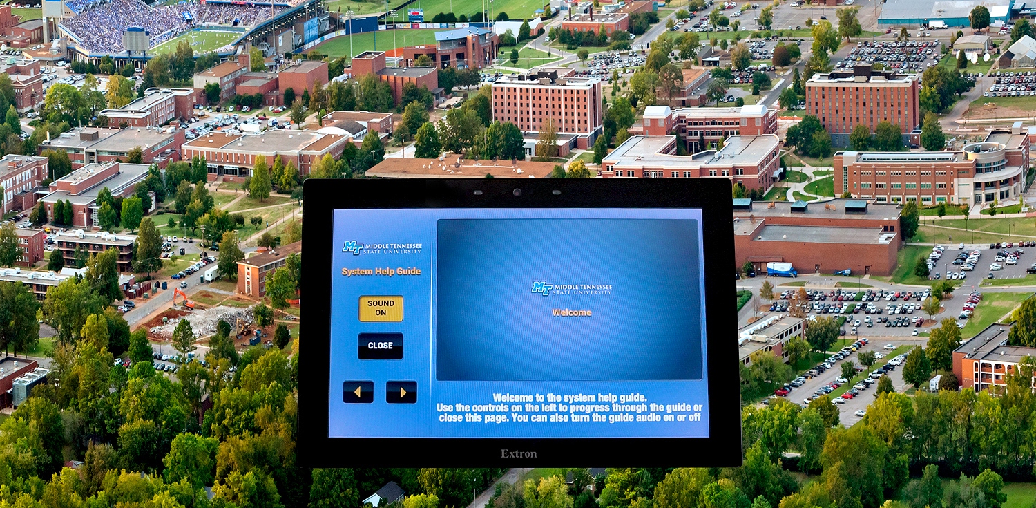 The technical support staff at MTSU leveraged the flexibility of Extron Global Configurator Professional AV system control software, GUI Designer software, and GlobalViewer Enterprise software to create an innovative self-help touchpanel user interface that enhances the AV experience for instructors, students, system installers, and maintainers.