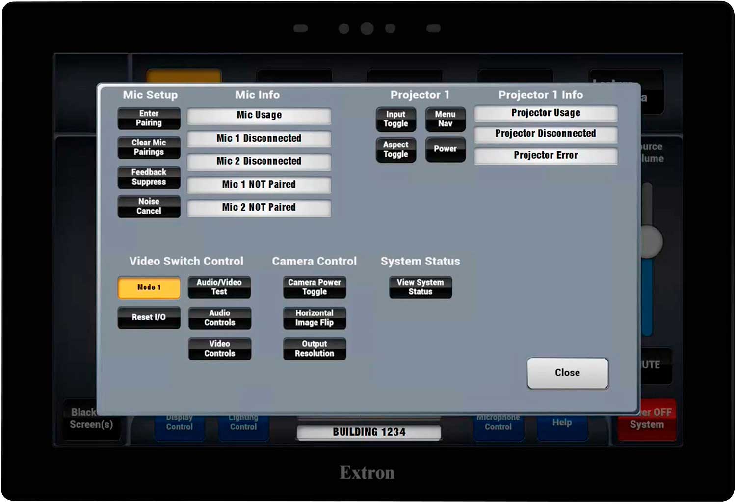 AV system configuration home screen. From this screen, technicians can navigate to setup screens for mics, audio functions, video functions, projector functions, etc.