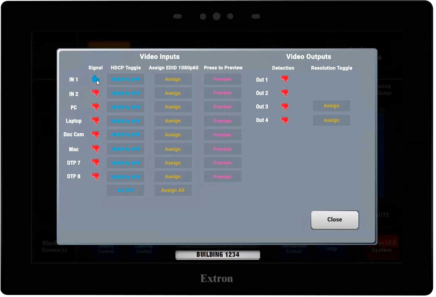 Video Functions setup screen.