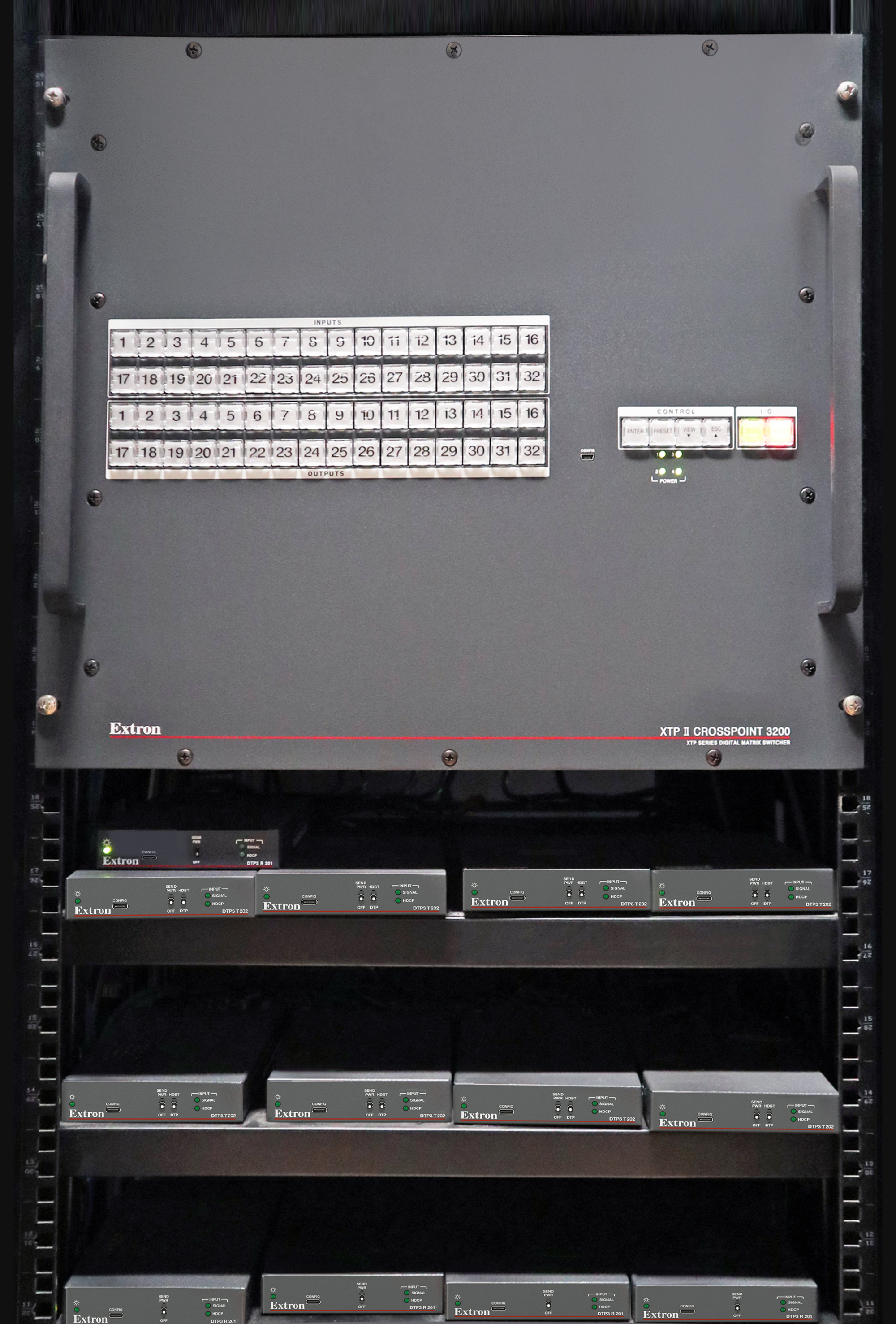 Extron XTP II CrossPoint 3200 modular digital matrix switchers along with DTP3 T 202 HDMI transmitters and DTP3 R 201 receivers deliver robust 4K/60 signal routing and reliable AV performance.<br><br>Photos courtesy of NYU Shanghai.