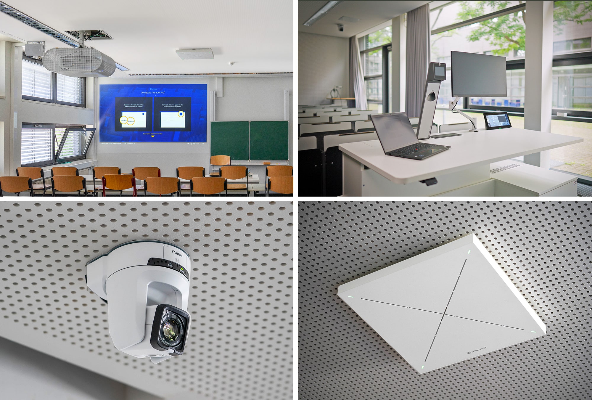 Grande salle de classe équipée d'un projecteur, d'un bureau disposant d'un système audiovisuel, d'une caméra PTZ de suivi, et de microphones plafond.