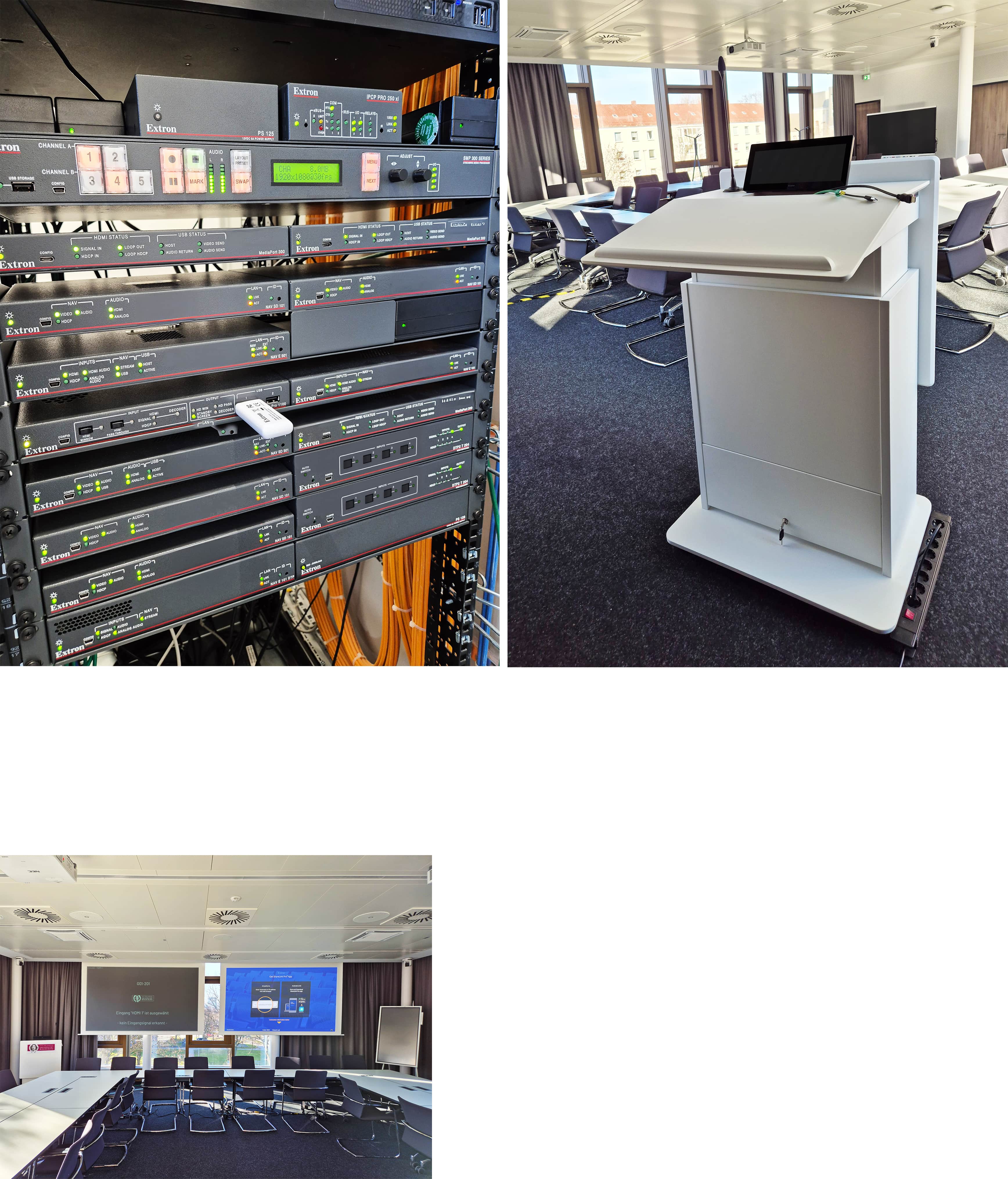 Divers équipements audiovisuels NAV Pro, SMP, MediaPort, et DTP Extron permettent de réaliser des présentations audiovisuelles sophistiquées dans cette salle de conférence du Campus Welcome Center qui inclut deux écrans de projection, des capacités de diffusion sur Internet ainsi que de vidéoconférence via des applications UC telles que Zoom et Teams.