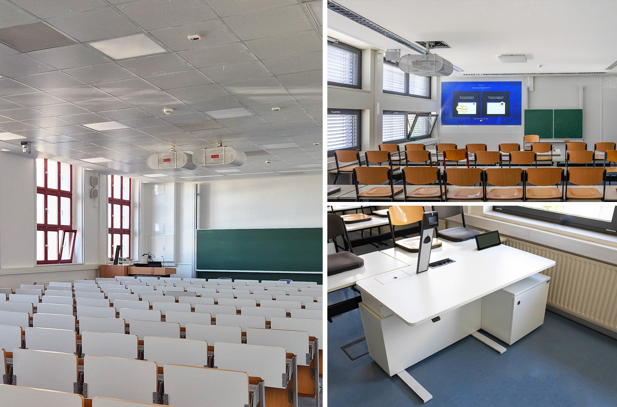Les amphithéâtres sont équipés de deux projecteurs principaux et secondaires, d'un bureau disposant d'un système audiovisuel, d'une caméra PTZ de suivi, et de microphones plafond. Les petites salles de classe disposent d'un projecteur, d'un bureau disposant d'un système audiovisuel, et de microphones plafond.
