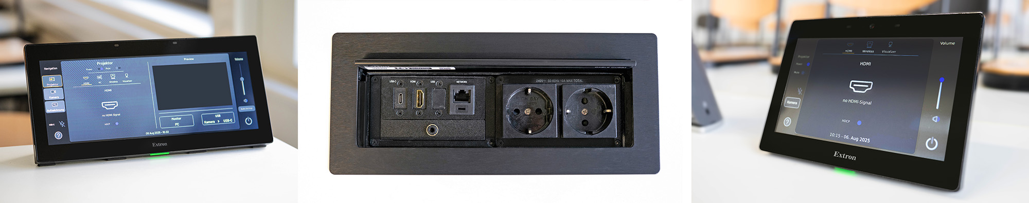 Dans les grandes salles, les écrans tactiles ultra-larges TouchLink Pro fournissent l'interface utilisateur (à gauche), tandis que les boîtiers Cable Cubby fournissent la connectivité audiovisuelle et l'alimentation AC (au centre). L'écran tactile ultra-large affiche également un écran de retour pour diffuser une vidéo de présentation, une vidéo de caméra PTZ, ou du contenu en streaming SMP.<br><br>Les écrans tactiles TouchLink Pro 7” fournissent l'interface utilisateur dans les petites salles (à droite).