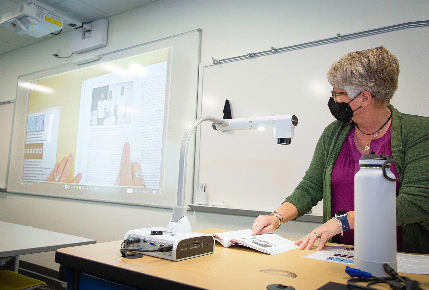 Classroom AV system in a typical setting. Here, the instructor is projecting an image from the document camera.