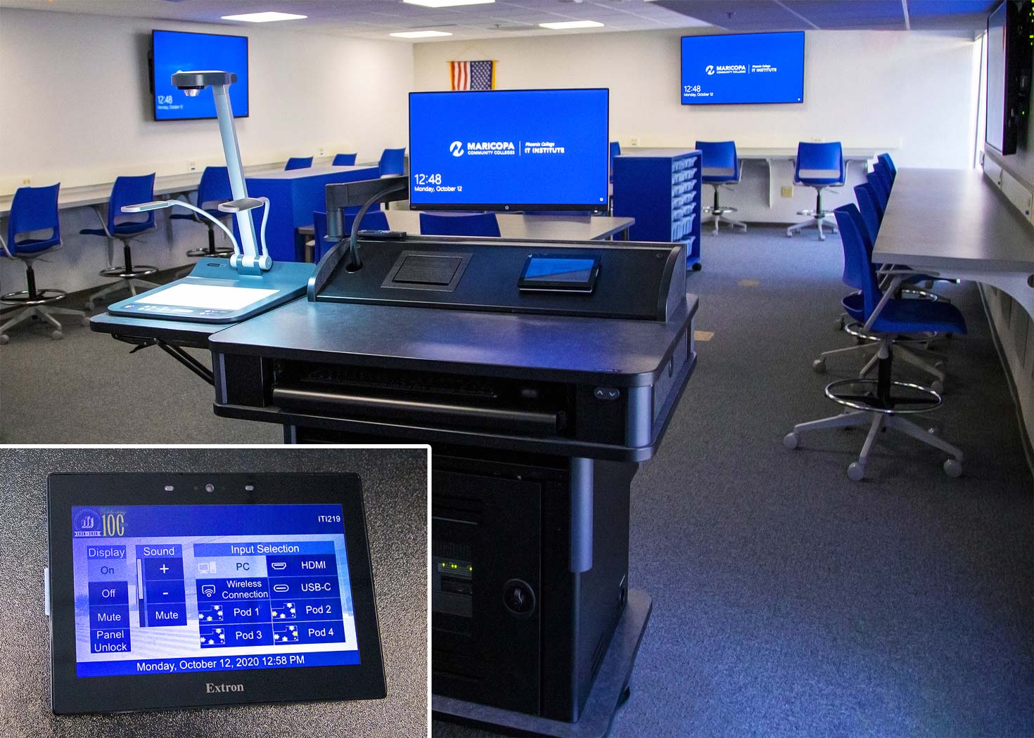 Instructor AV Podium in A+ Classroom. Students learn how to build and repair computer equipment on the workbenches lining the walls. Flat panel displays provide instruction to guide students working on projects. Inset: user interface displayed on podium touchpanel.