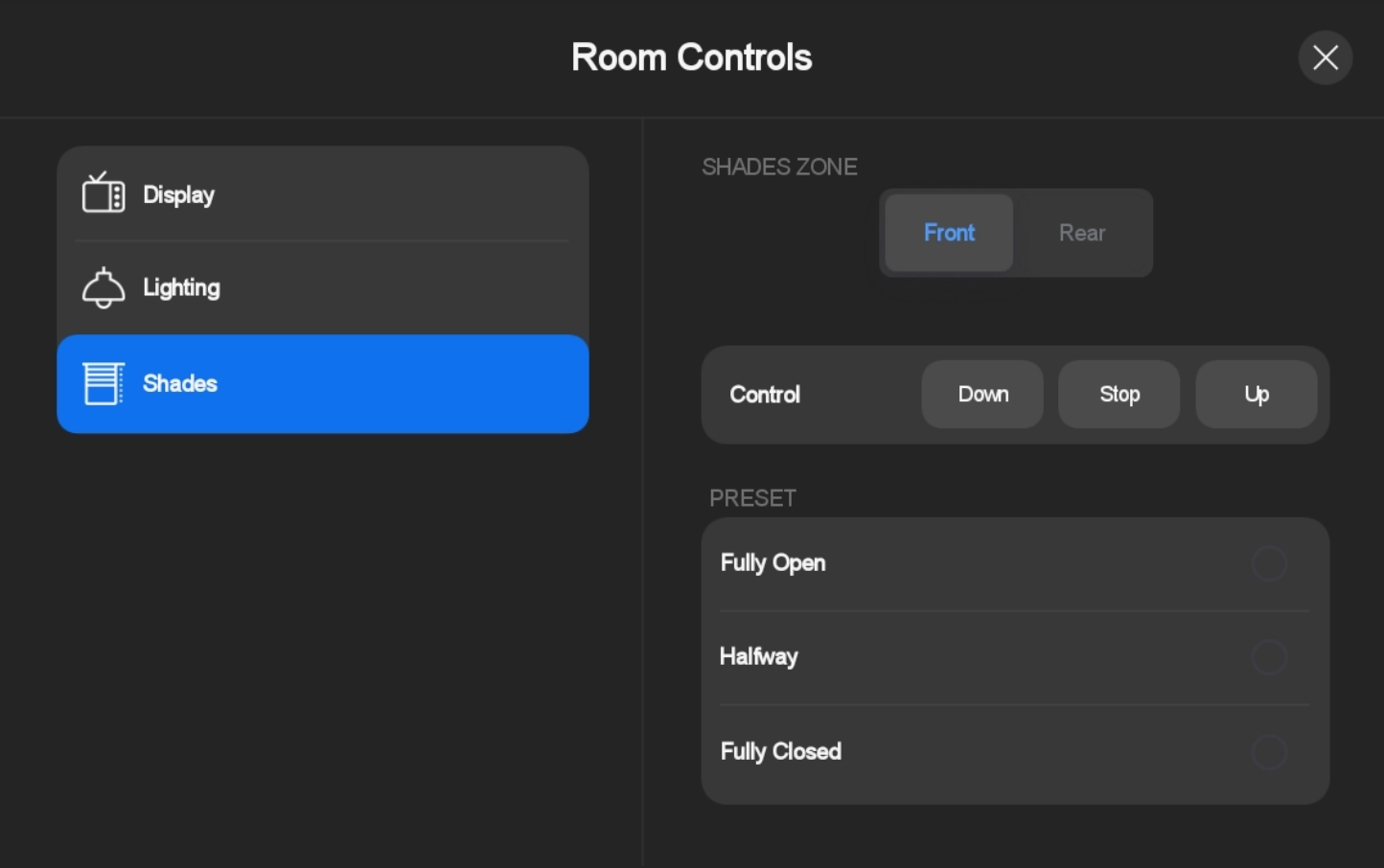 Icona di anteprima della schermata controlli tendine con tonalità scure di Zoom Rooms per TC8 di Poly