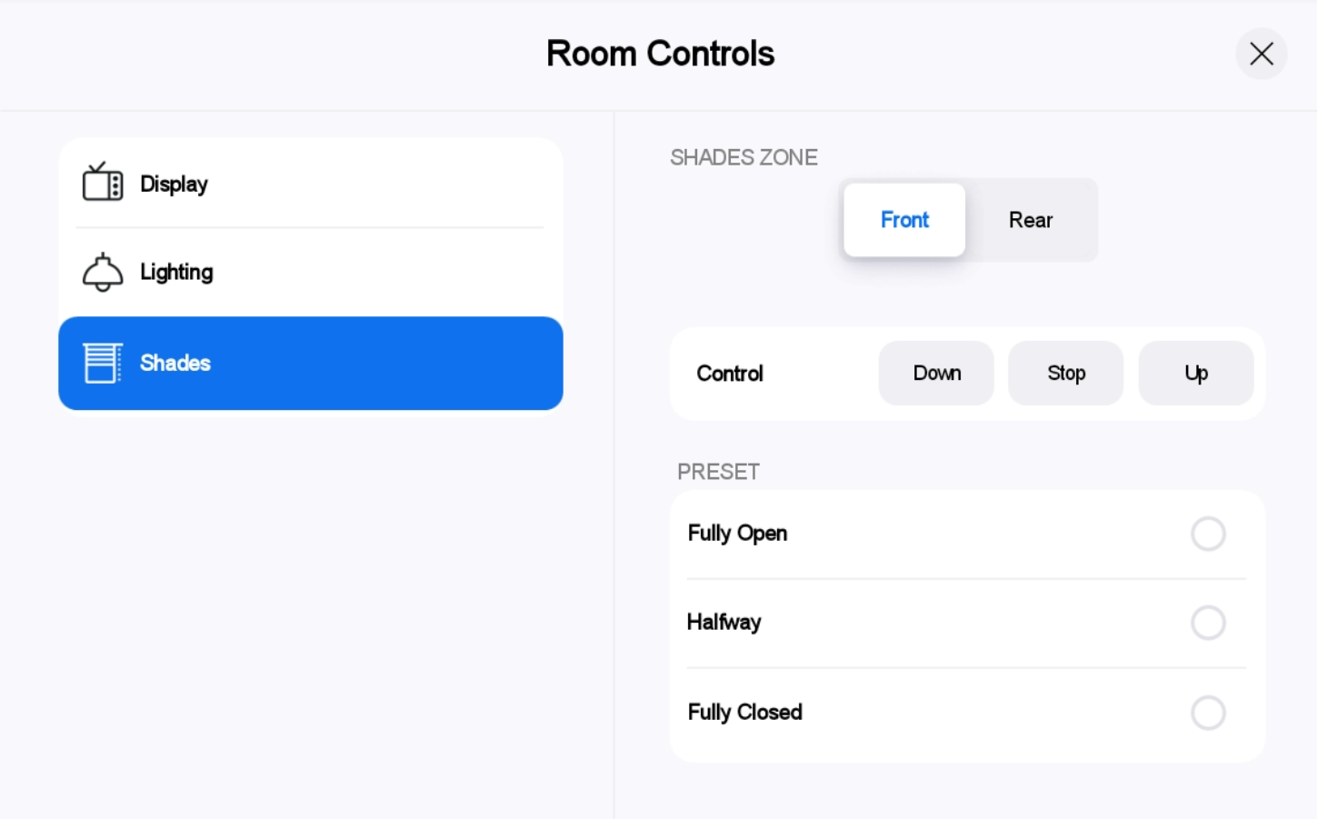 Zoom Rooms per TC8 di Poly - Schermata controlli tendine con tonalità chiare