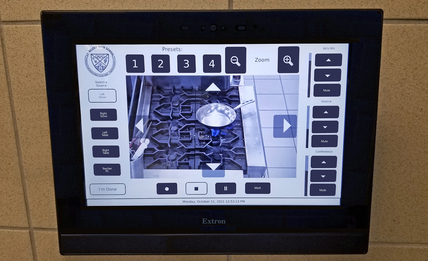 The chef uses the Extron TLP Pro 1225TG 12” Tabletop TouchLink® Pro Touchpanel installed next to his computer to control the AV system, including selecting among the camera presets.