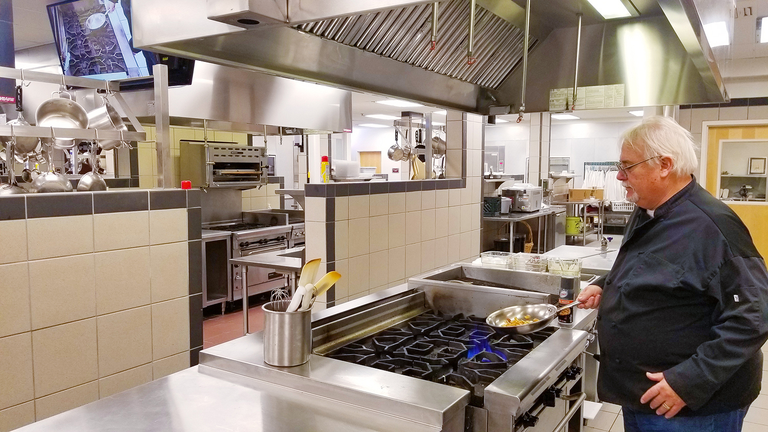 Practice sessions are reviewed on the wall-mounted displays from the instructor’s kitchen, allowing the chef to decide what works best for the recipe and would be most beneficial to the students.