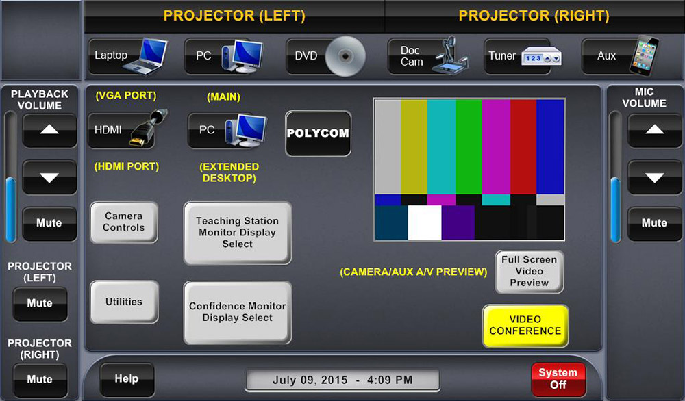 User interface of an Extron TLP 1000TV 10” Tabletop TouchLink Touchpanel