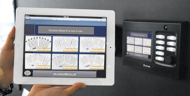 The design enables single-touch selection of AV system configuration from the equipment room, TouchLink touchpanel, or iPad.