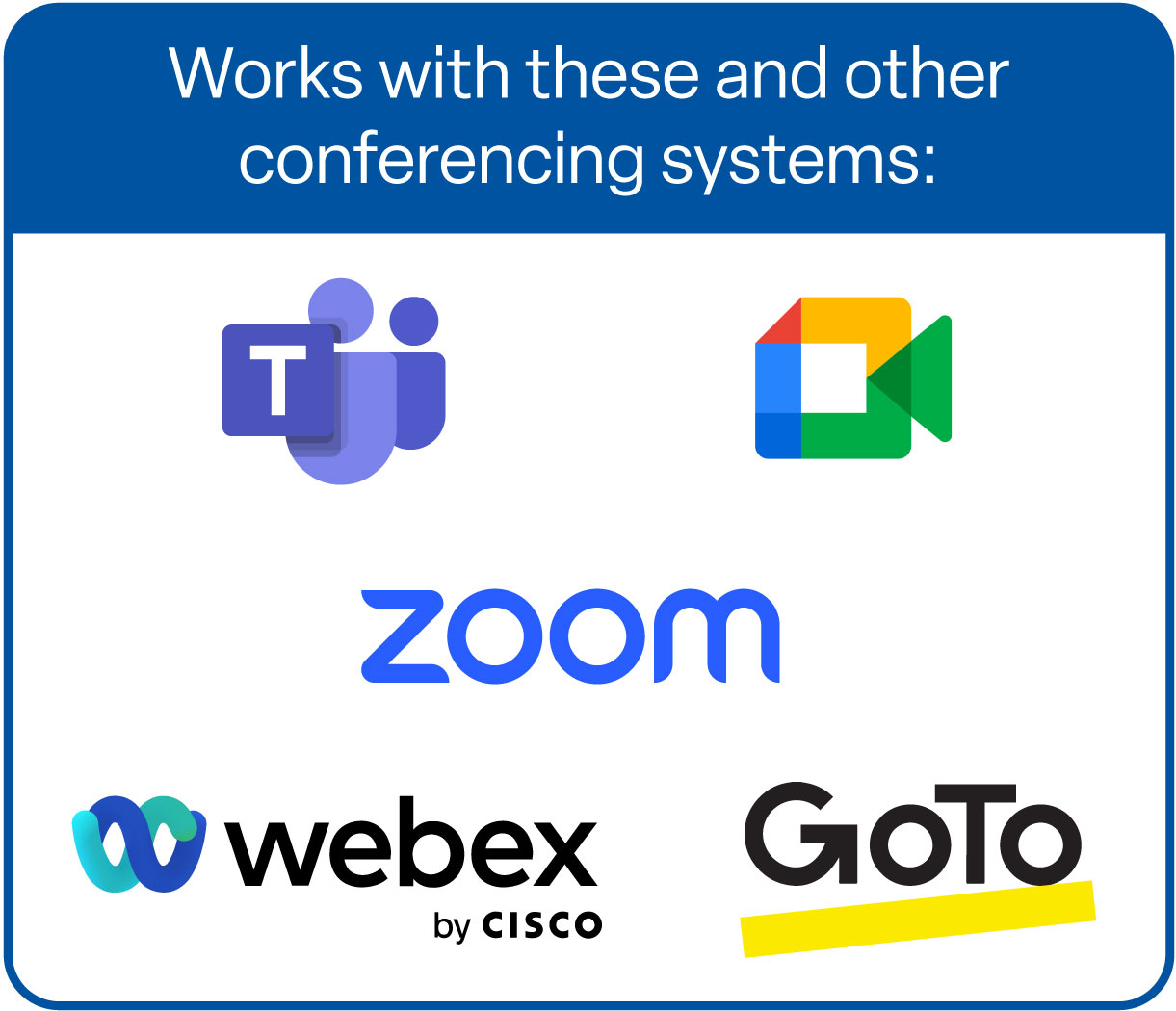 UCS 601 works with these and other conferencing systems: Microsoft Teams, Google Meet, GoTo Meeting, Webex by Cisco, and Zoom