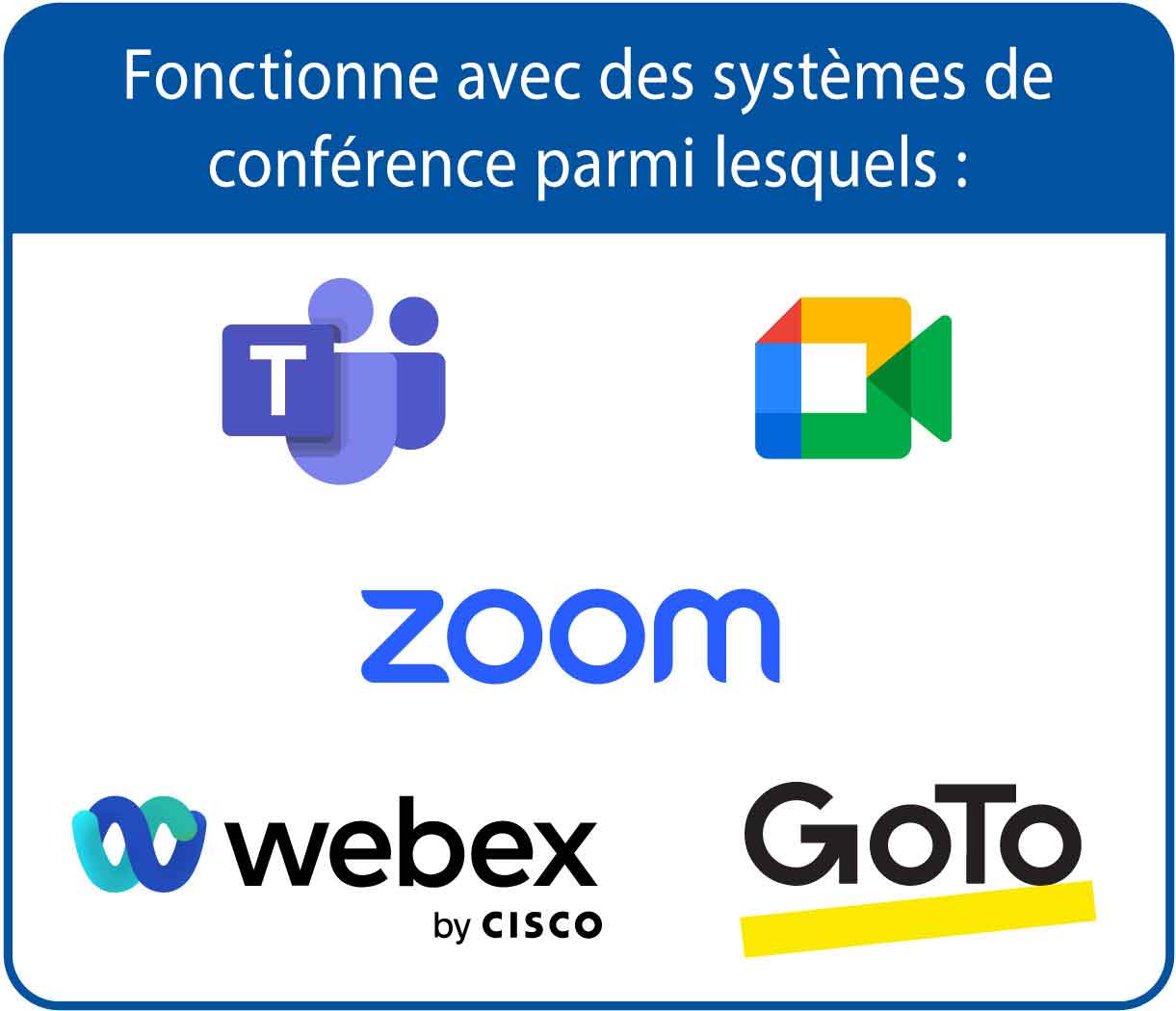 L'UCS 601 supporte notamment ces systèmes de conférence : Microsoft Teams, Google Meet, GoTo Meeting, Webex by Cisco, et Zoom