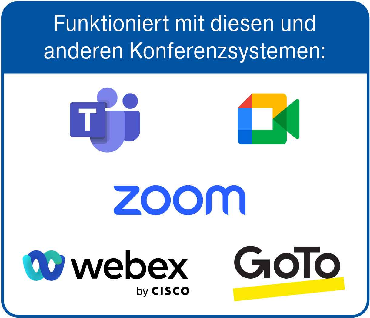 Das UCS 601 funktioniert mit diesen und anderen Konferenzsystemen: Microsoft Teams, Google Meet, GoTo Meeting, Webex by Cisco und Zoom