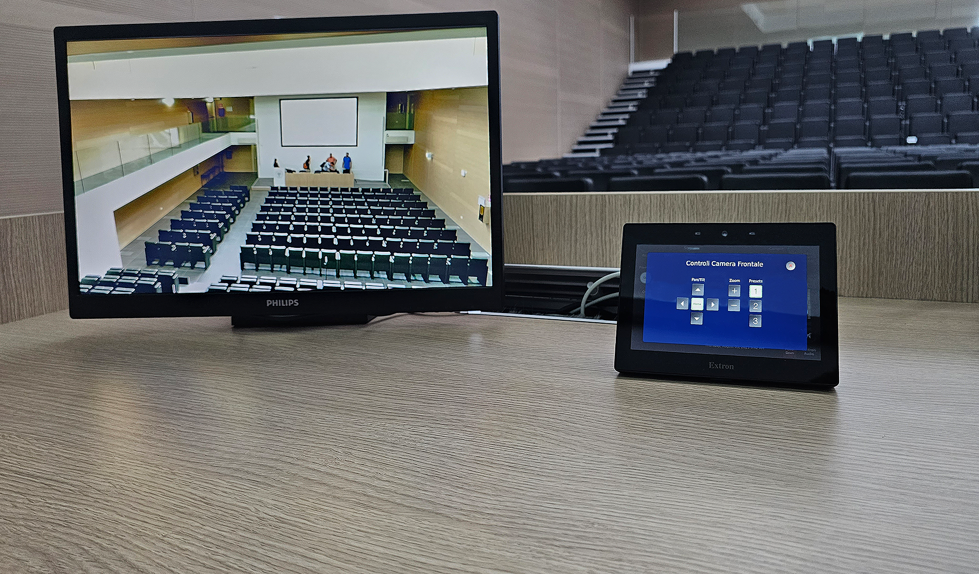 A TouchLink Pro touchpanel at the front of the Aula Magna classroom makes it easy for presenters to control the AV system.