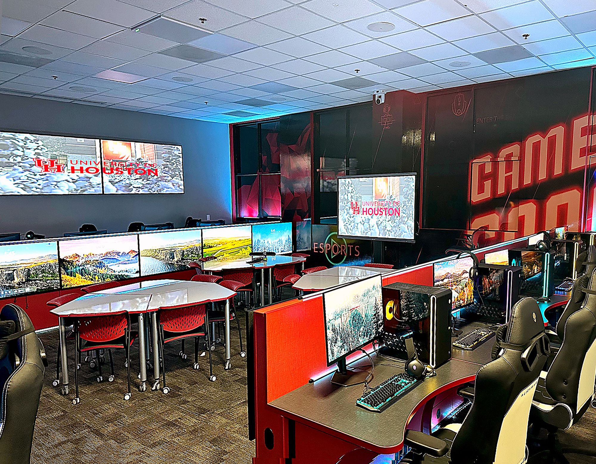 Spectator seating transforms the room from active-learning classroom into a tournament-ready venue.