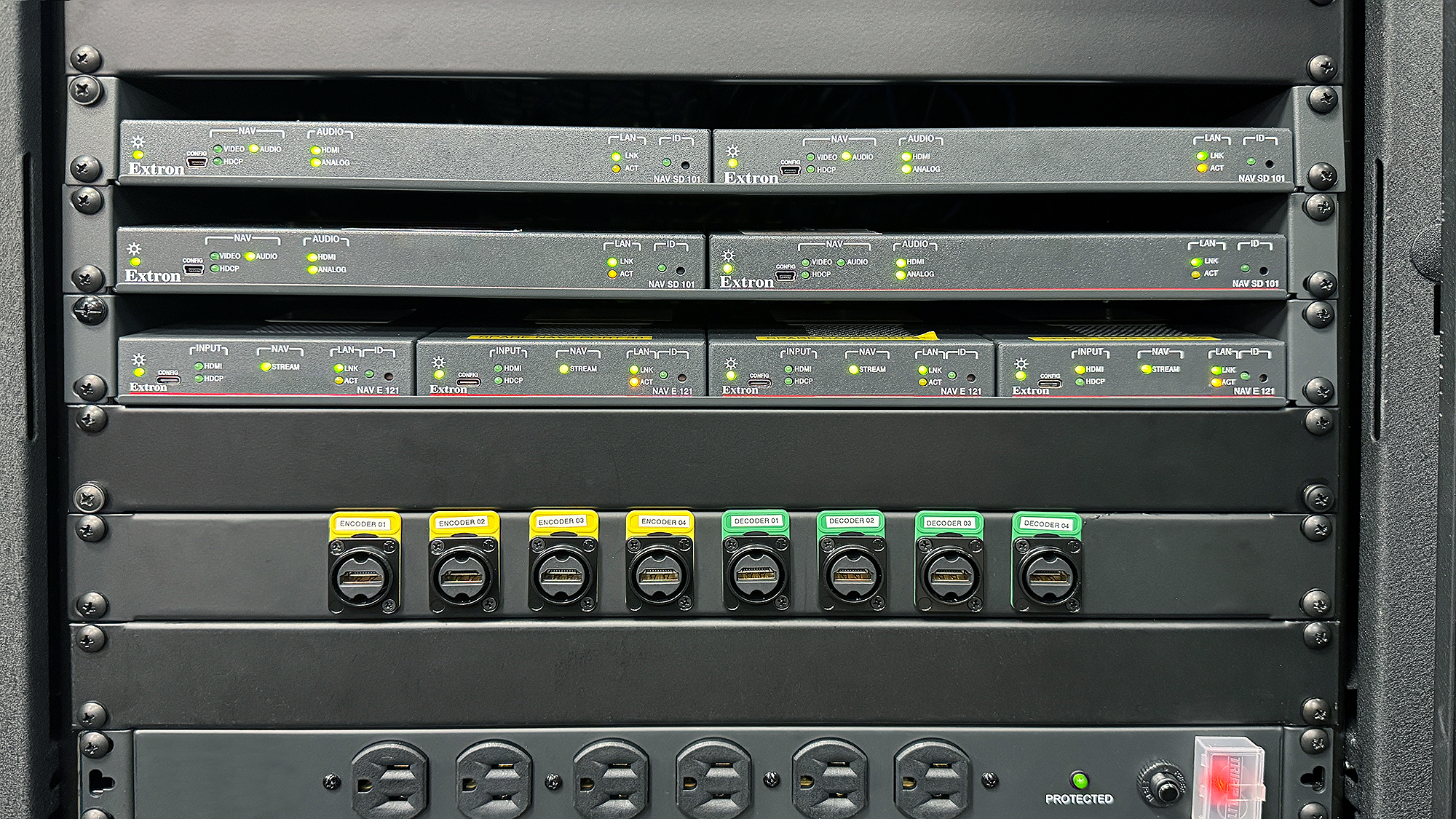 Centralized in a single rack, the system is configured, monitored, and controlled through Extron NAVigator System Manager.
