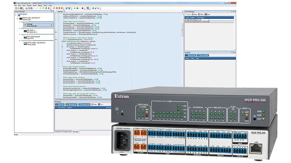 IPCP Pro 550 control processor with screenshot of Global Scripter user interface