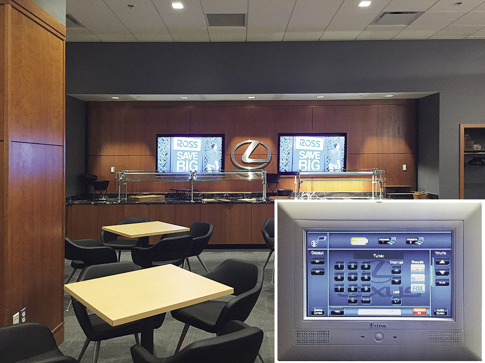 The AV enhancements enjoyed by fans in the suites extend into the arena’s four clubs, which also received AV makeovers with Extron DTP Systems, IP Link Pro controller processors, and wall mount TouchLink Pro touchpanels (inset). Shown is the Lexus Club.