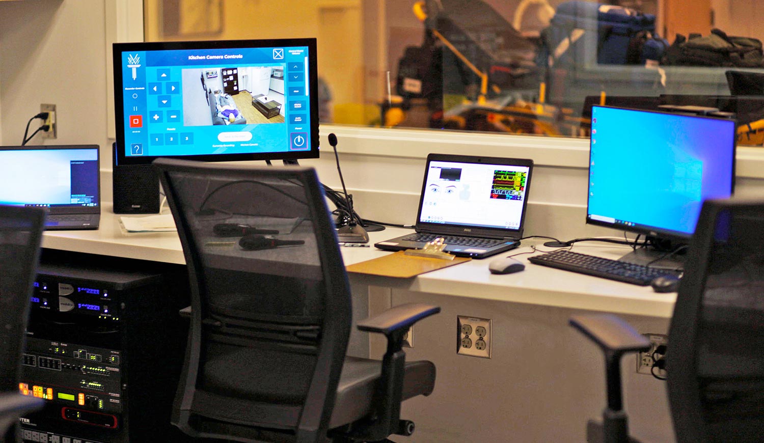 The instructor station in the control room of the Emergency Medical Services simulation suite at the Wake Technical Community College Perry Health Sciences Campus.