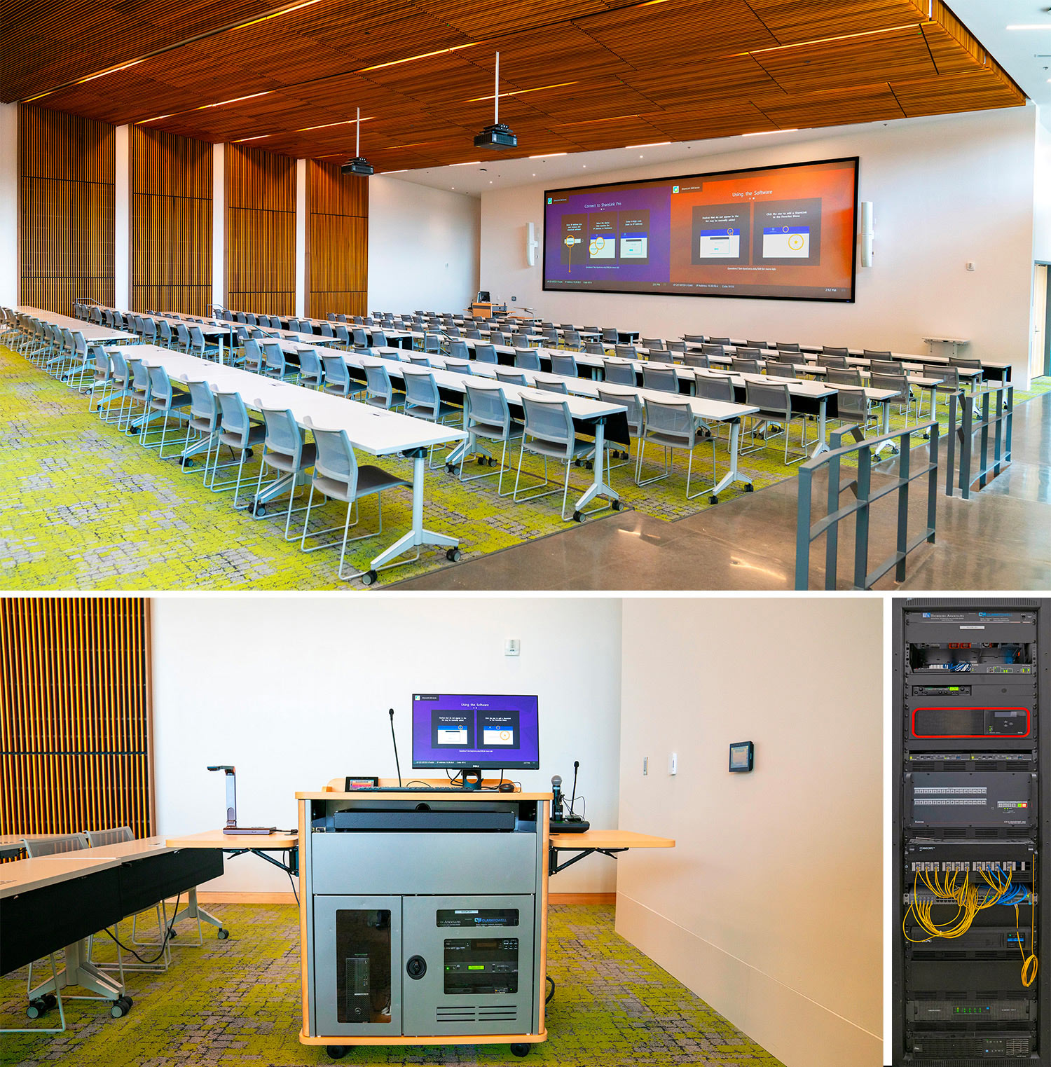 Classroom 201 is a 150-seat lecture hall. The AV system includes two projectors, a flat panel confidence monitor, wired and wireless mics, two ShareLink Pro presentation gateways, an Annotator 300 annotation processor with a laptop on the lectern serving as the annotation interface, an XTP matrix switcher, XTP AV signal distribution, and TouchLink Pro touchpanels on the wall and on the lectern.