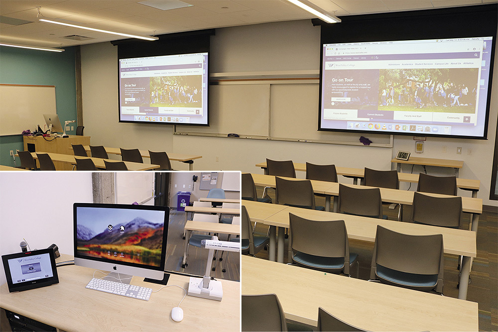 Classroom with dual projectors and podium