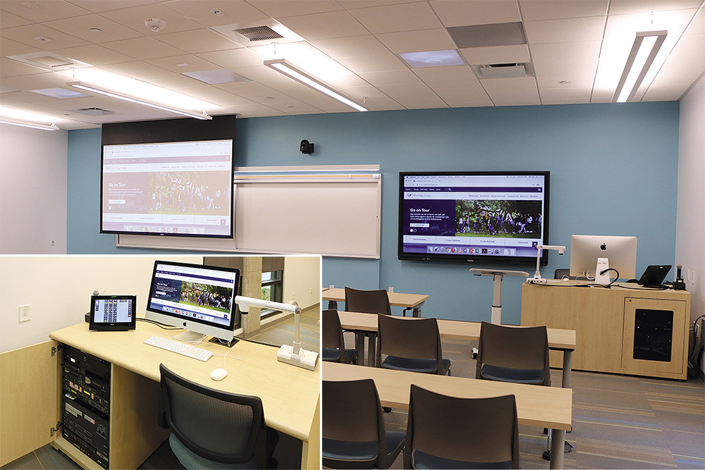 Classroom with projector, flat panel display, and podium containing AV equipment