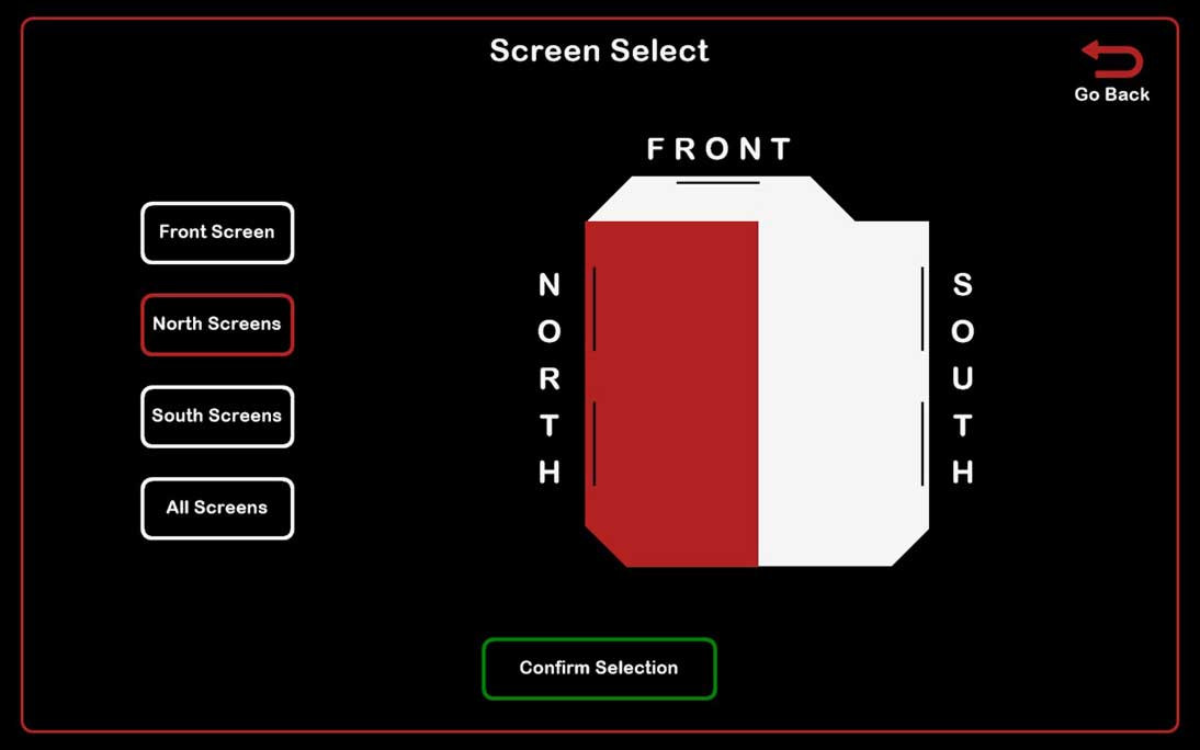 Mit diesem Bildschirm leiten die Nutzer die AV-Inhalte zu einem oder allen Projektoren des Bankettsaals.