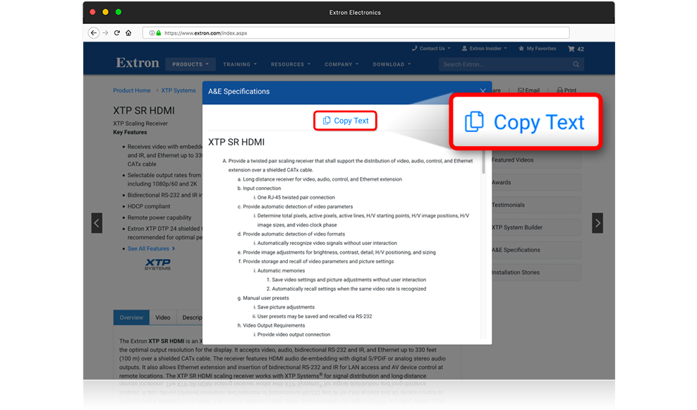 Una captura de pantalla de la página de un producto de Extron con las Descripciones para consultores abiertas y el botón Copiar texto resaltado.