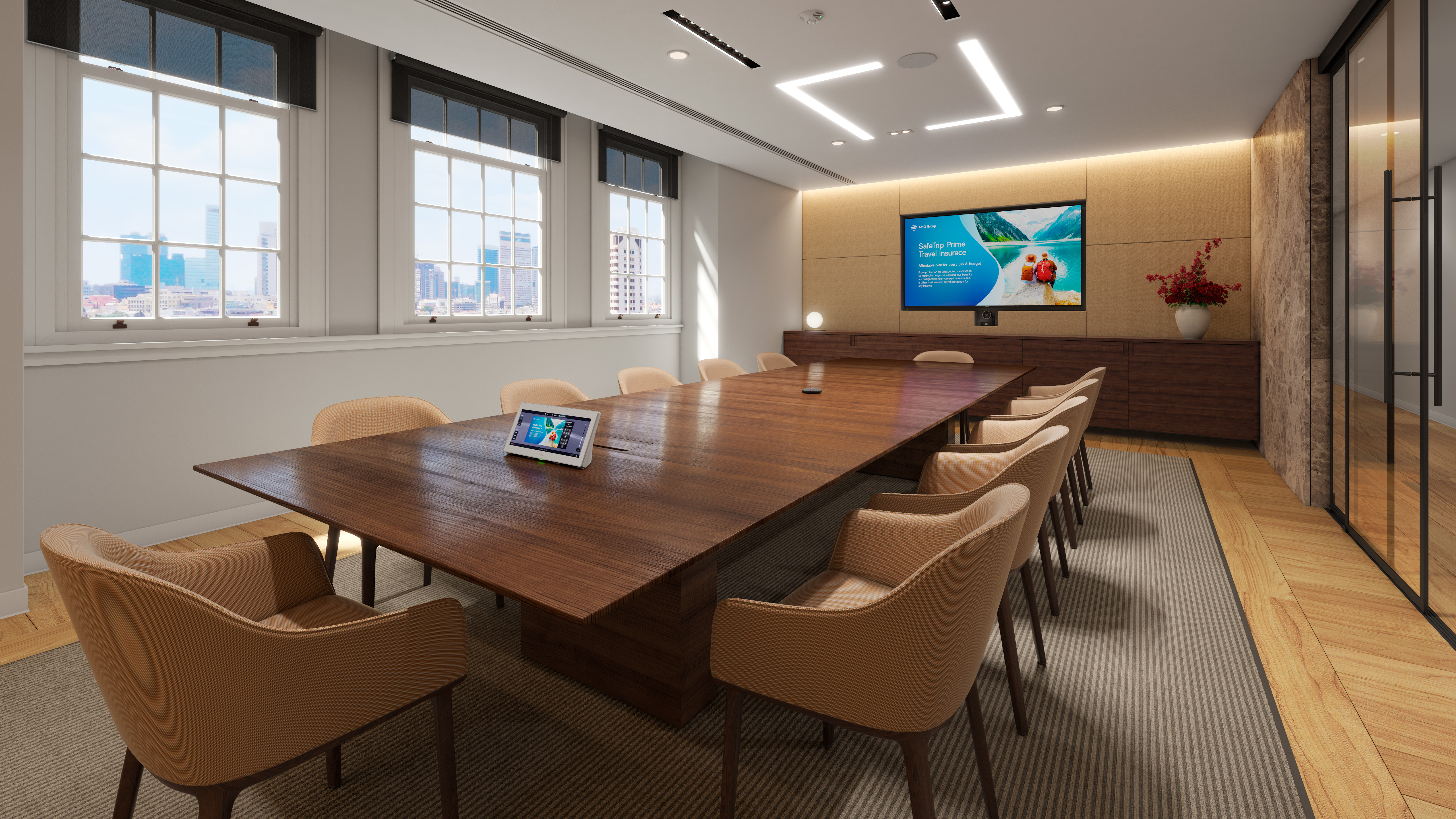 Conference room with automated AV control system equipment