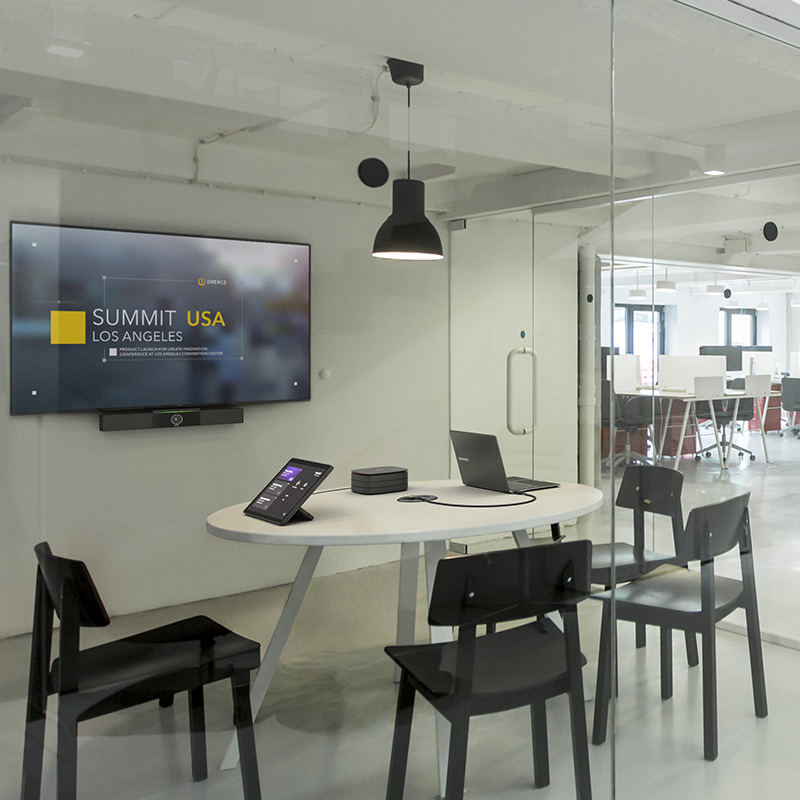 Gallery image of huddle room with room automation. Link opens a larger image.