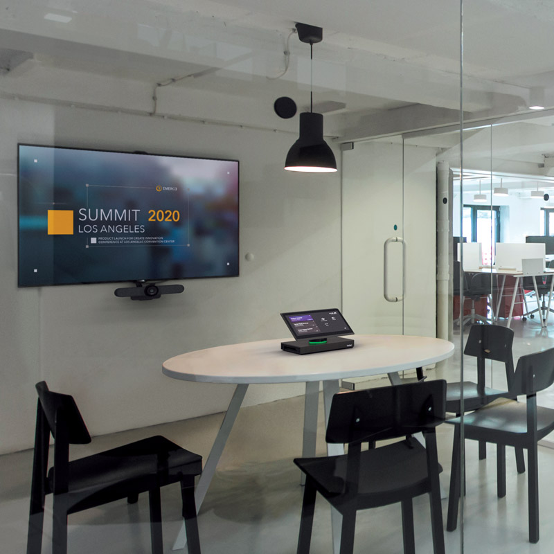 Huddle room with video conferencing equipment