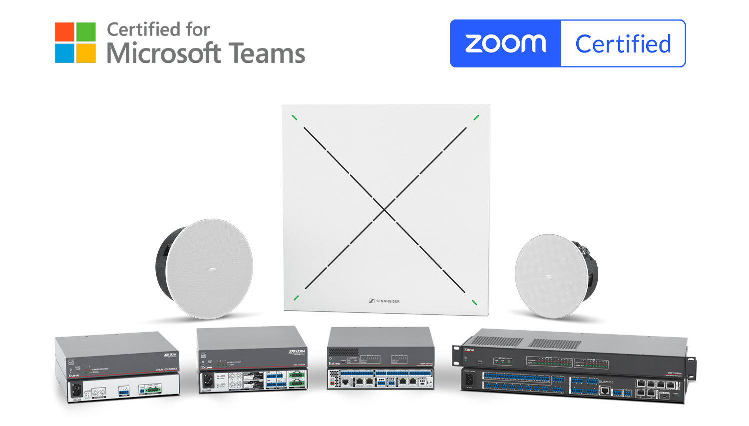 MS Teams and Zoom logo with Extron Audio Equipment