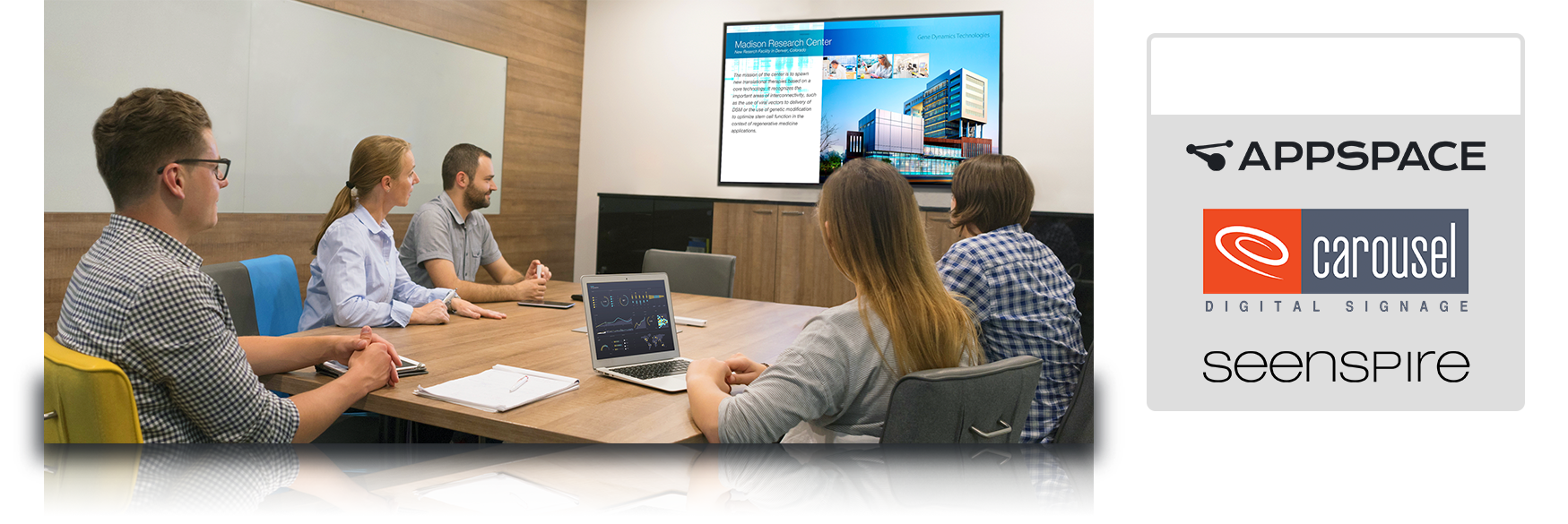 Supporte notamment ces services de diffusion pour affichage dynamique : Appspace, Carousel, et Seenspire