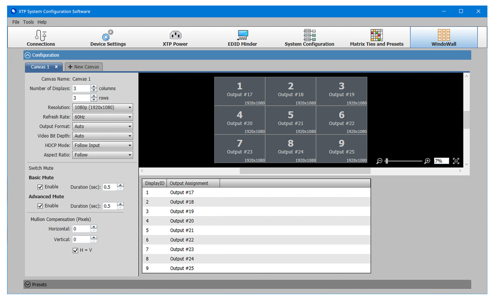 Capture d'écran de la configuration du canevas du mur d'images avec XTP