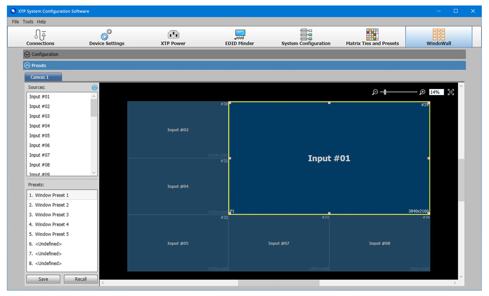 Vignette - Capture d'écran de la configuration des presets du mur d'images avec XTP