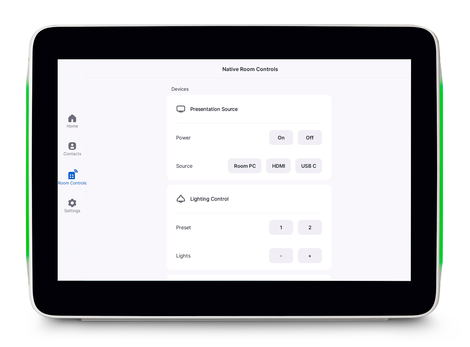 A touchpanel with user interface of Extron Control for Zoom Rooms – Native Room Controls, which assists with building management systems, device management and analytics, display and AV devices, as well as room lighting and shades.